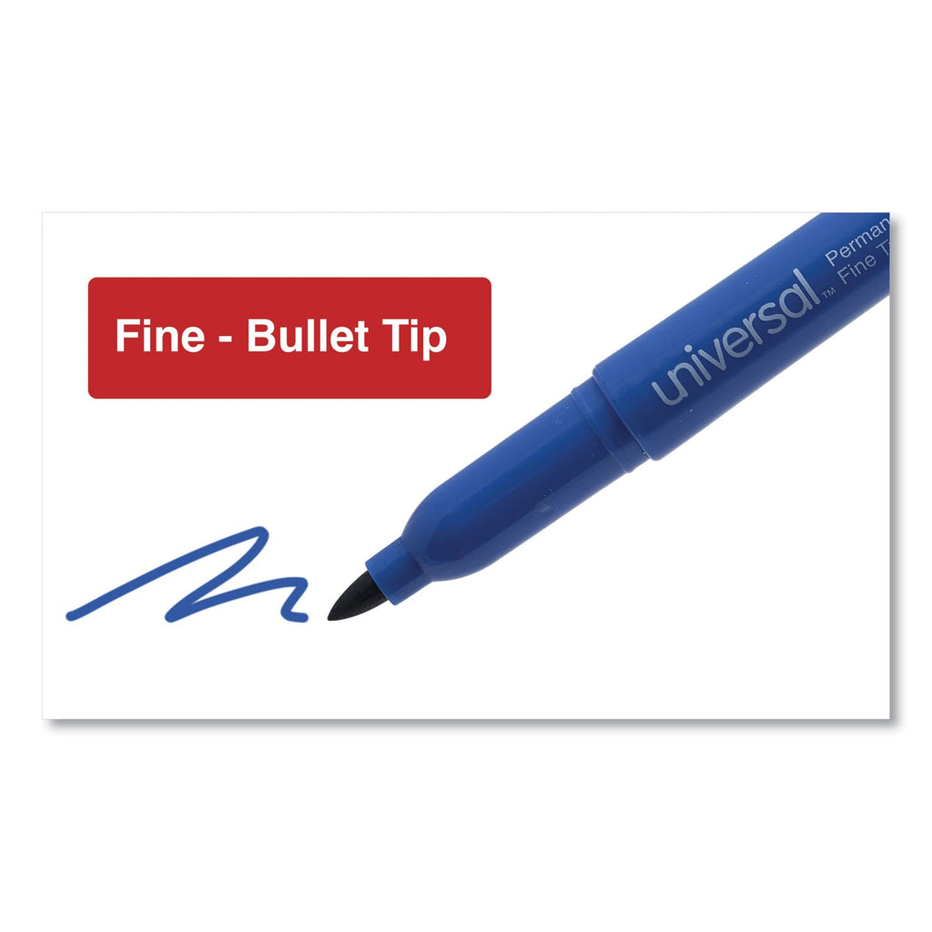 Universal Pen-Style Permanent Marker, Fine Bullet Tip, Blue, Dozen
