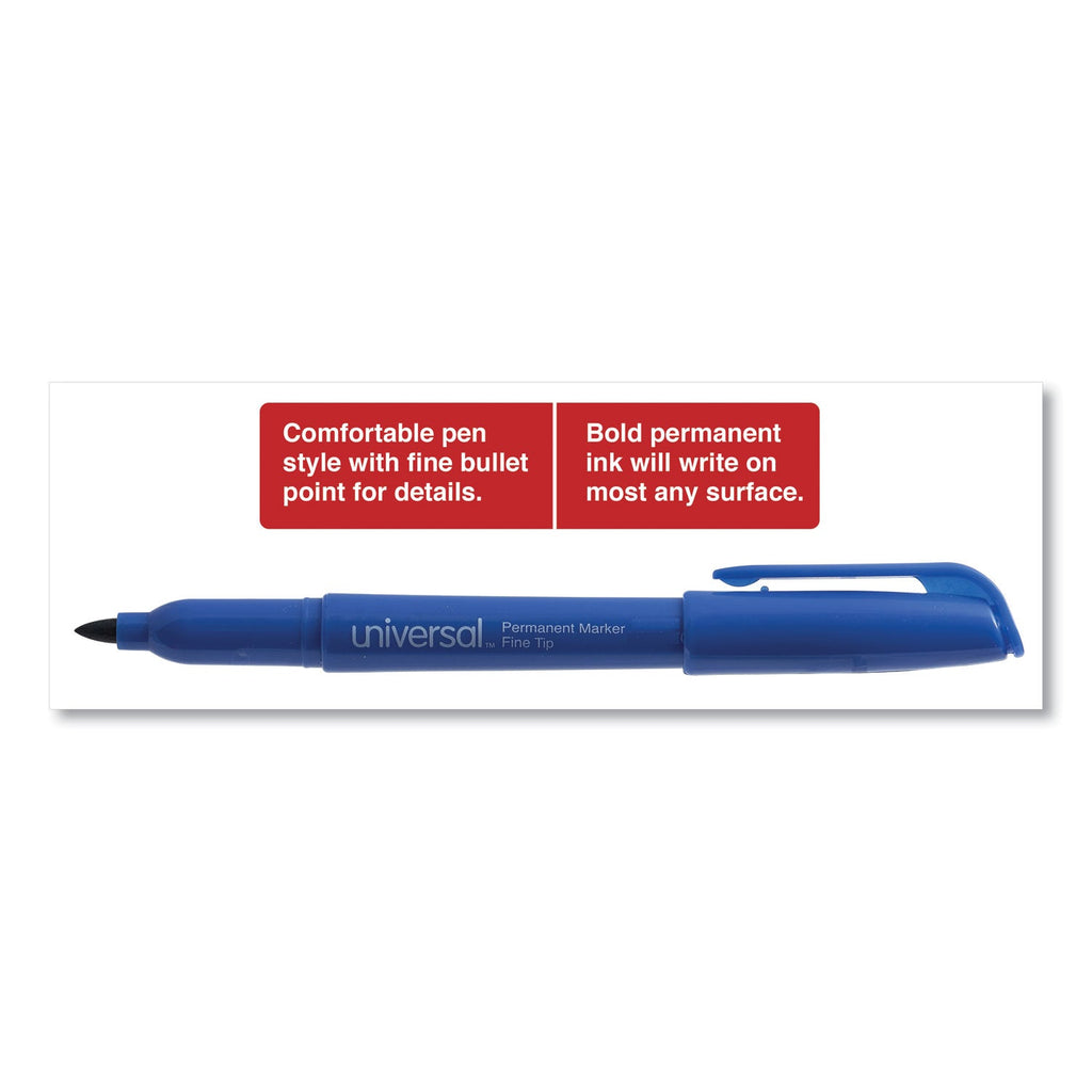 Universal Pen-Style Permanent Marker, Fine Bullet Tip, Blue, Dozen
