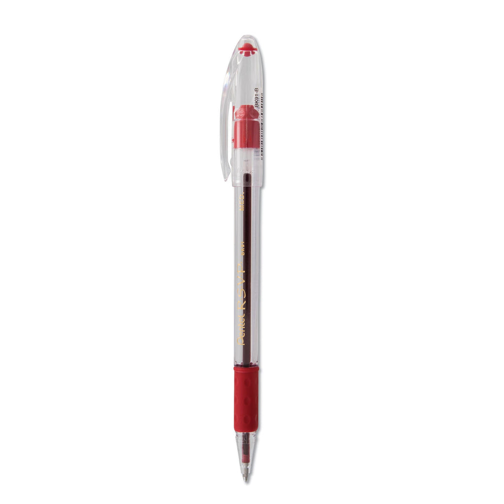 Pentel R.S.V.P. Ballpoint Pen, Stick, Medium 1 mm, Red Ink, Clear/Red Barrel, Dozen
