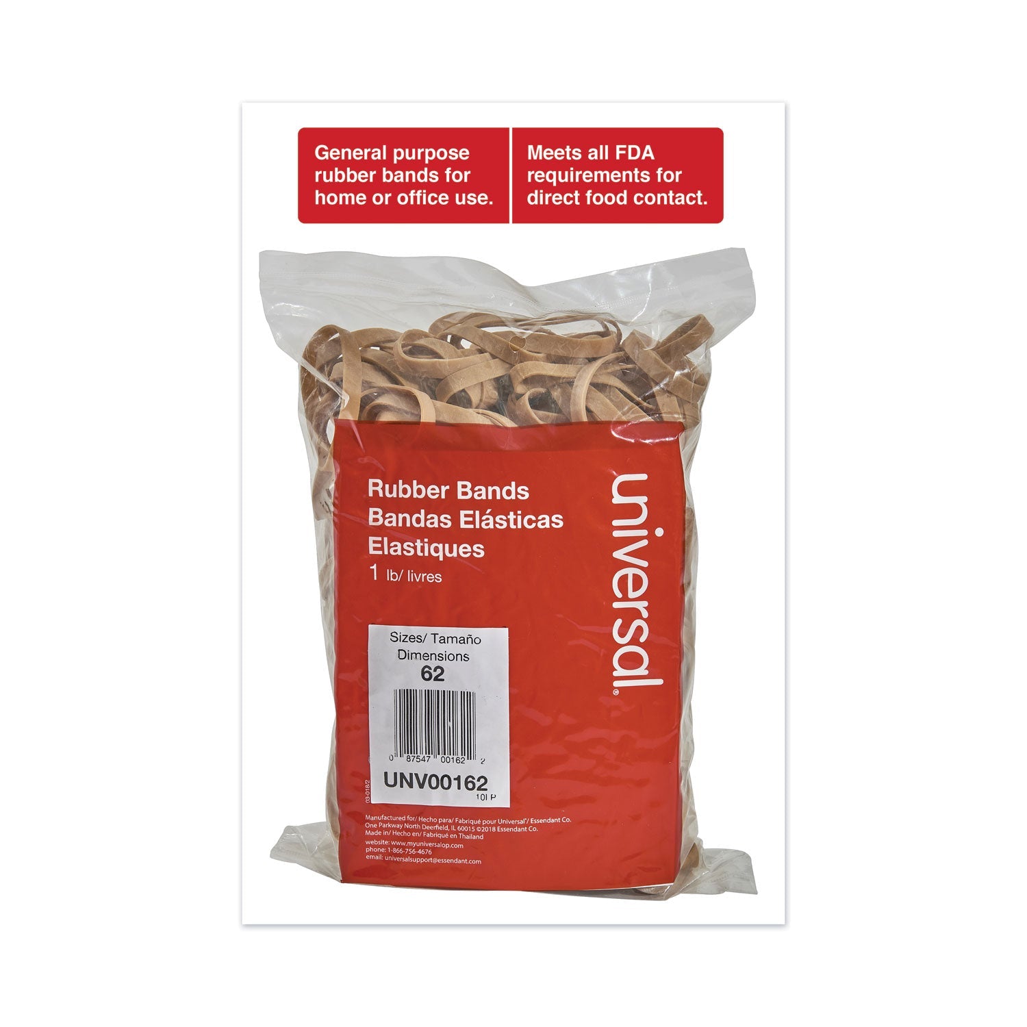 Universal Rubber Bands, Size 62, 0.04" Gauge, Beige, 1 lb Box, 490/Pack