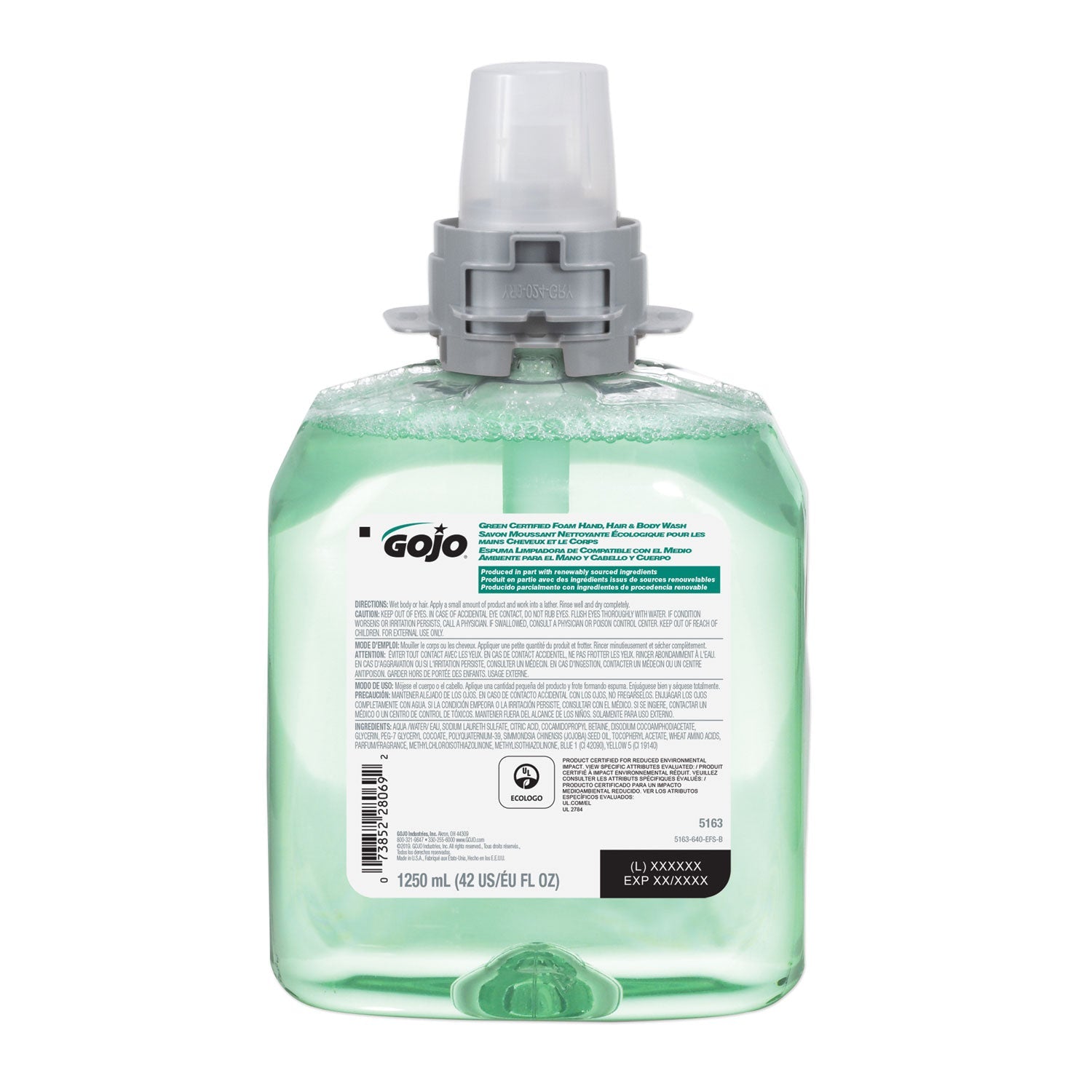 GOJO Green Certified Foam Hair and Body Wash, Cucumber Melon, 1,250 mL Refill, 4/Carton