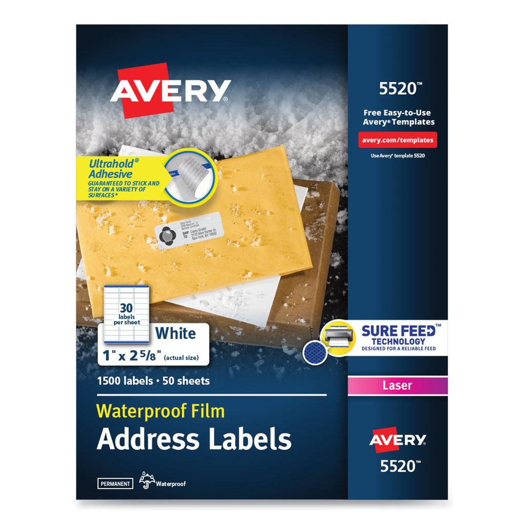 Avery Waterproof Address Labels with TrueBlock and Sure Feed, Laser Printers, 1 x 2.63, White, 30/Sheet, 50 Sheets/Pack