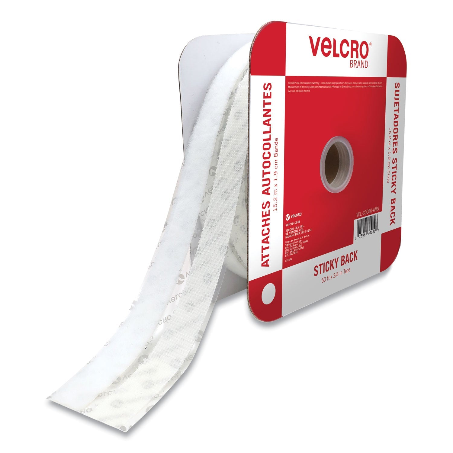 VELCRO Sticky-Back Fasteners, Removable Adhesive, 0.75" x 50 ft, White