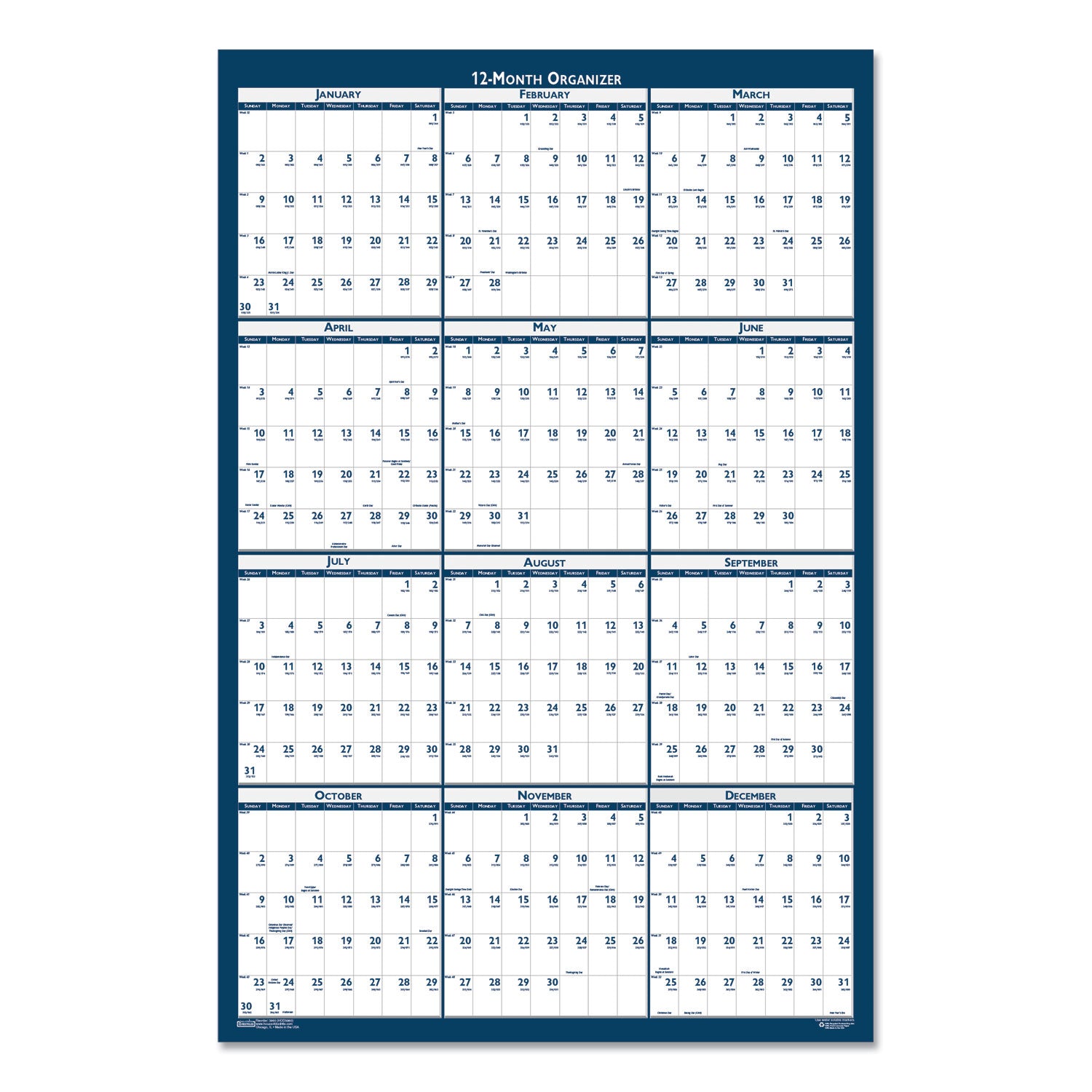 House of Doolittle Recycled Yearly Reversible Wall Calendar Non-Laminated, 24 x 37, White/Blue Sheets, 12-Month (Jan to Dec): 2023