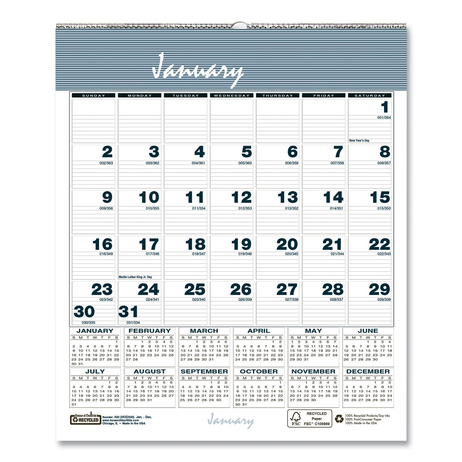 House of Doolittle Bar Harbor Recycled Wirebound Monthly Wall Calendar, 6 x 7, White/Blue/Gray Sheets, 12-Month (Jan-Dec): 2023