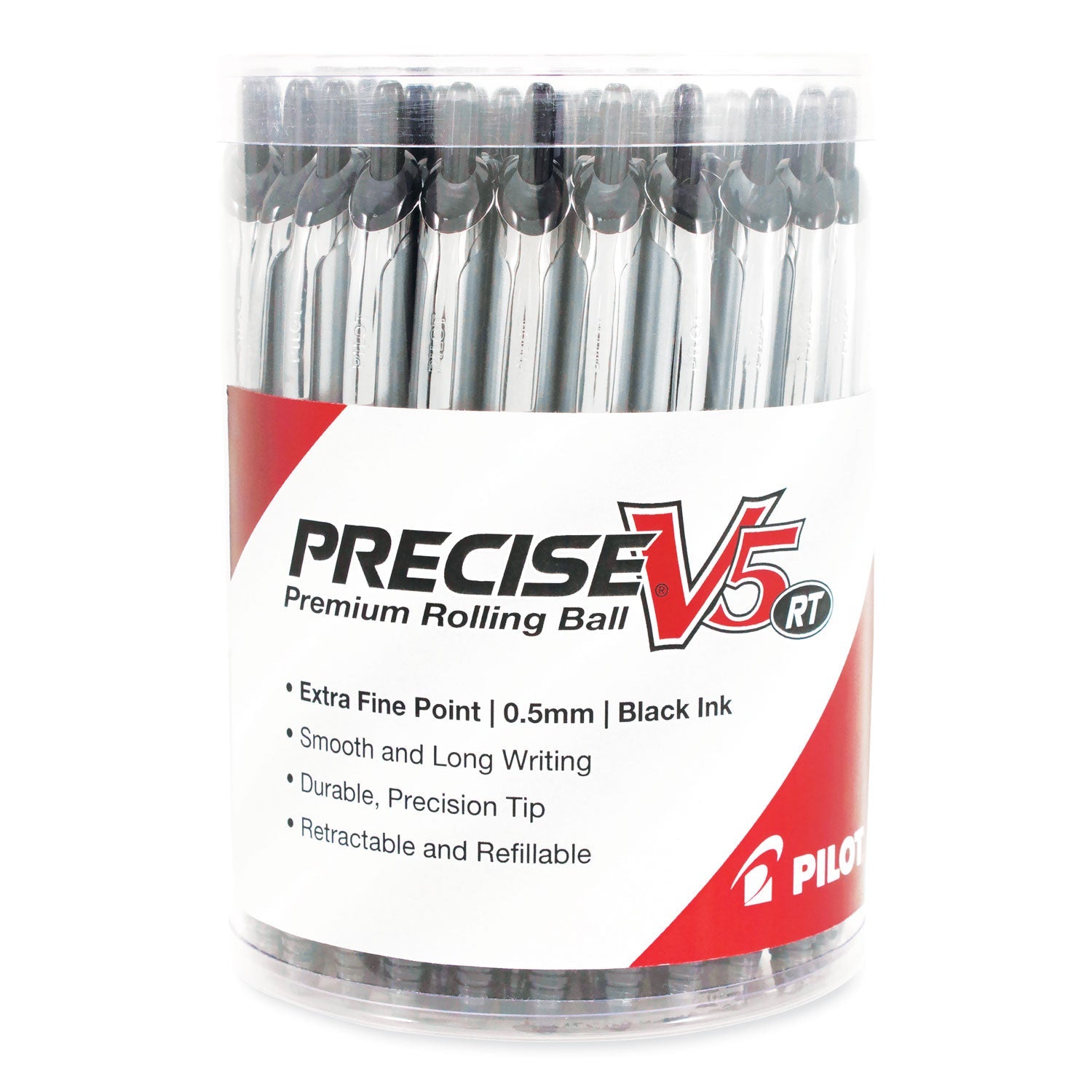 Pilot Precise V5RT Roller Ball Pen, Retractable, Extra-Fine 0.5 mm, Black Ink, Black Barrel, 30/Pack