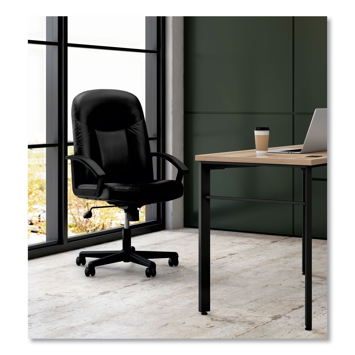 HON HVL601 Series Executive High-Back Leather Chair, Supports Up to 250 lb, 17.44" to 20.94" Seat Height, Black