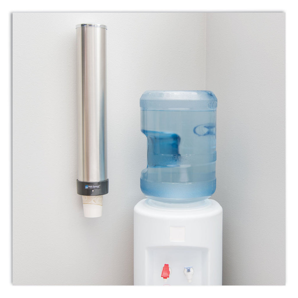 San Jamar Large Water Cup Dispenser with Removable Cap, For 12 oz to 24 oz Cups, Stainless Steel