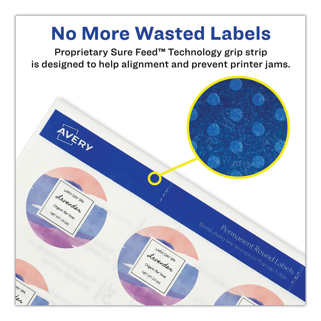 Avery Round Print-to-the Edge Labels with Sure Feed and Easy Peel, 2" dia, Glossy Clear, 120/PK