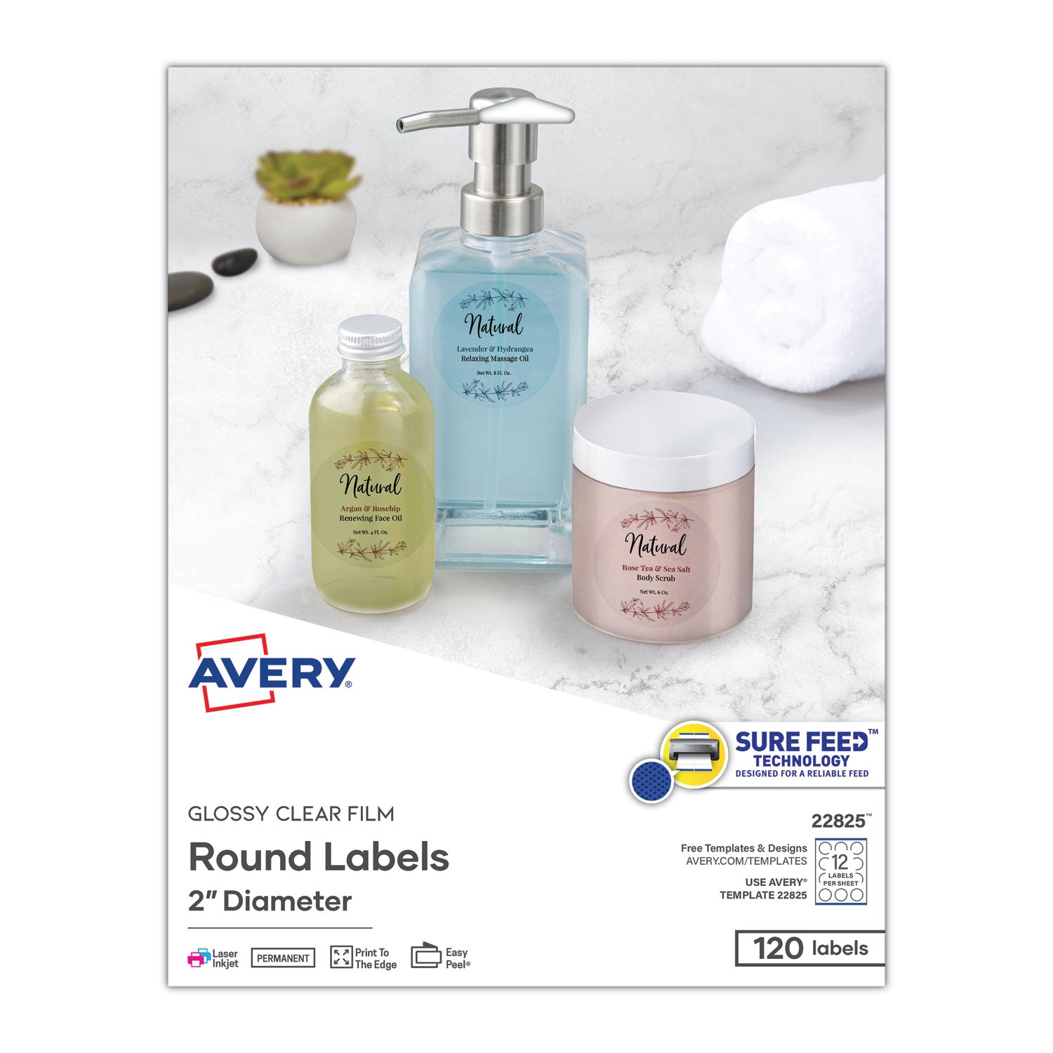 Avery Round Print-to-the Edge Labels with Sure Feed and Easy Peel, 2" dia, Glossy Clear, 120/PK