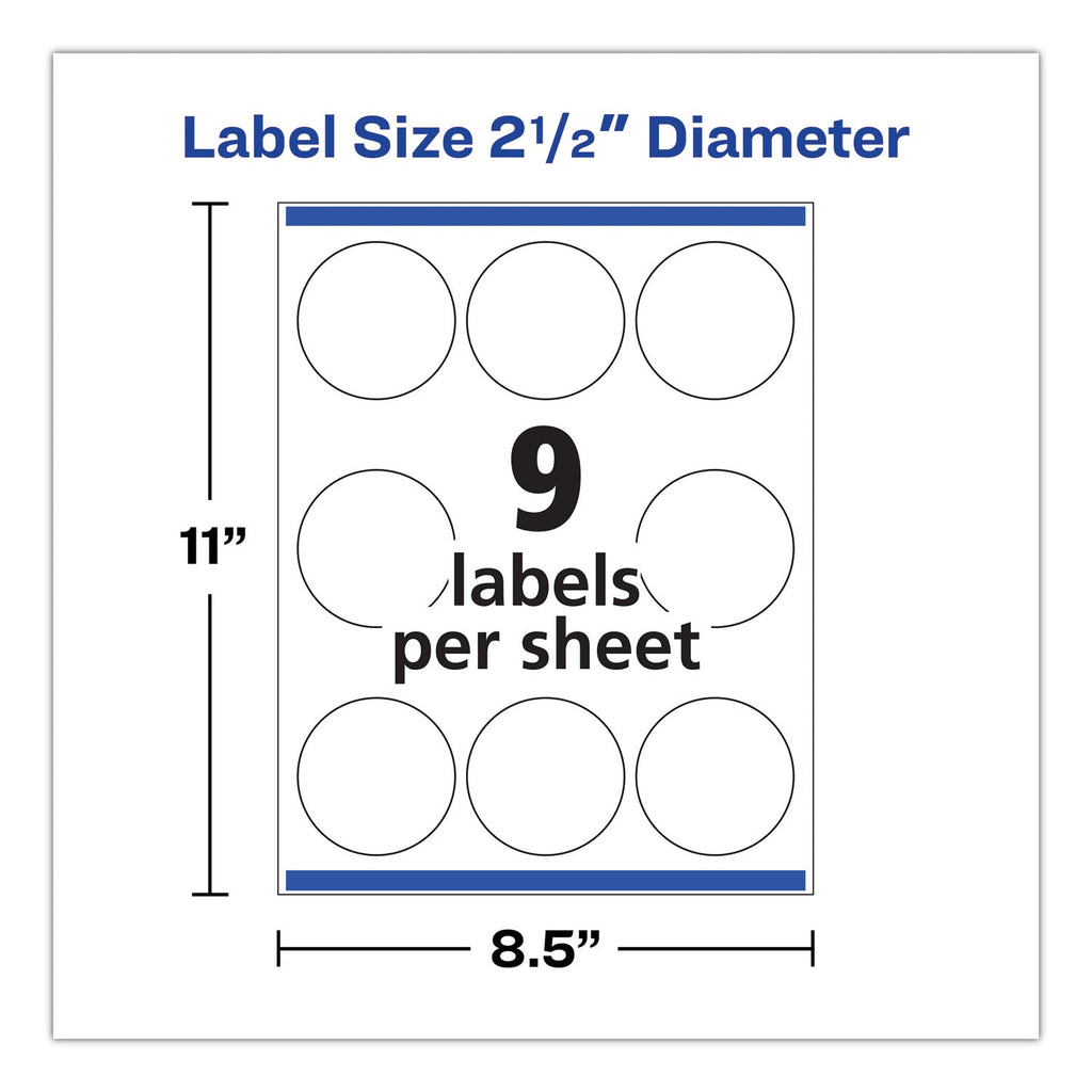 Avery Round Print-to-the Edge Labels with SureFeed, 2.5" dia, Glossy White, 90/PK