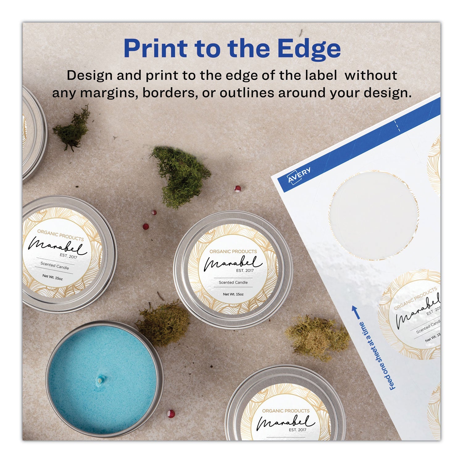 Avery Round Print-to-the Edge Labels with SureFeed, 2.5" dia, Glossy White, 90/PK