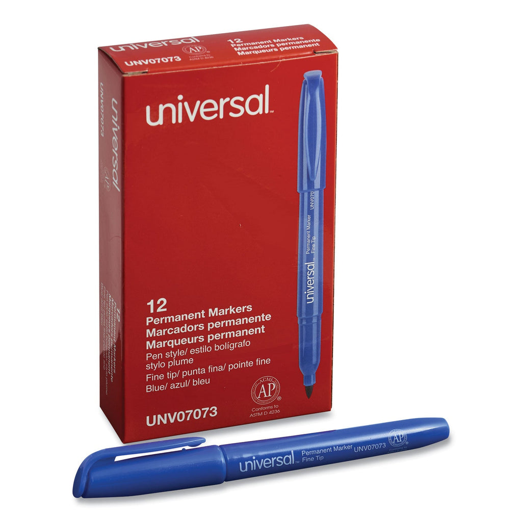 Universal Pen-Style Permanent Marker, Fine Bullet Tip, Blue, Dozen