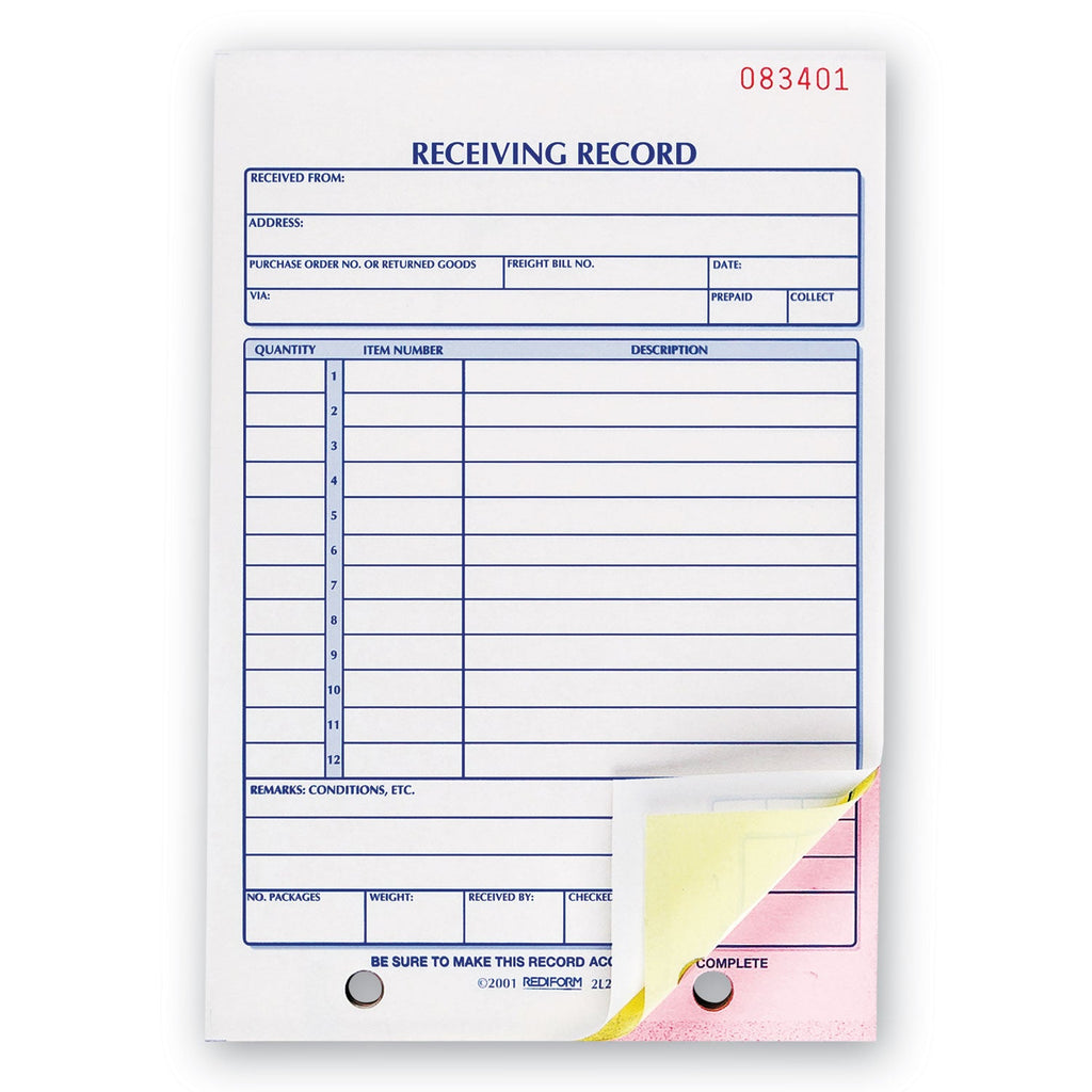Rediform Receiving Record Book, Three-Part Carbonless, 5.56 x 7.94, 1/Page, 50 Forms