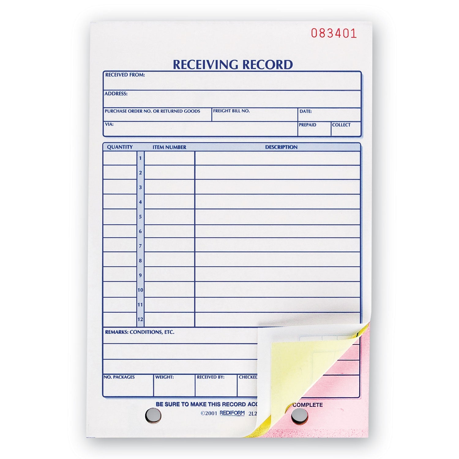 Rediform Receiving Record Book, Three-Part Carbonless, 5.56 x 7.94, 1/Page, 50 Forms