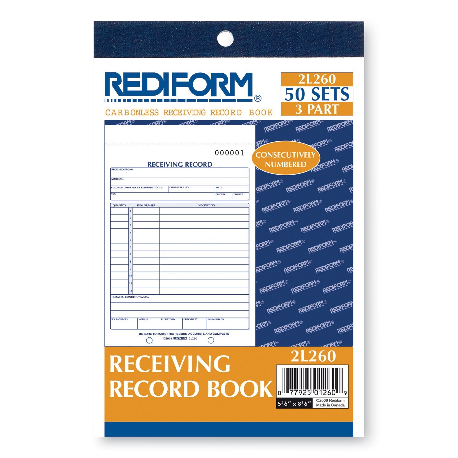 Rediform Receiving Record Book, Three-Part Carbonless, 5.56 x 7.94, 1/Page, 50 Forms