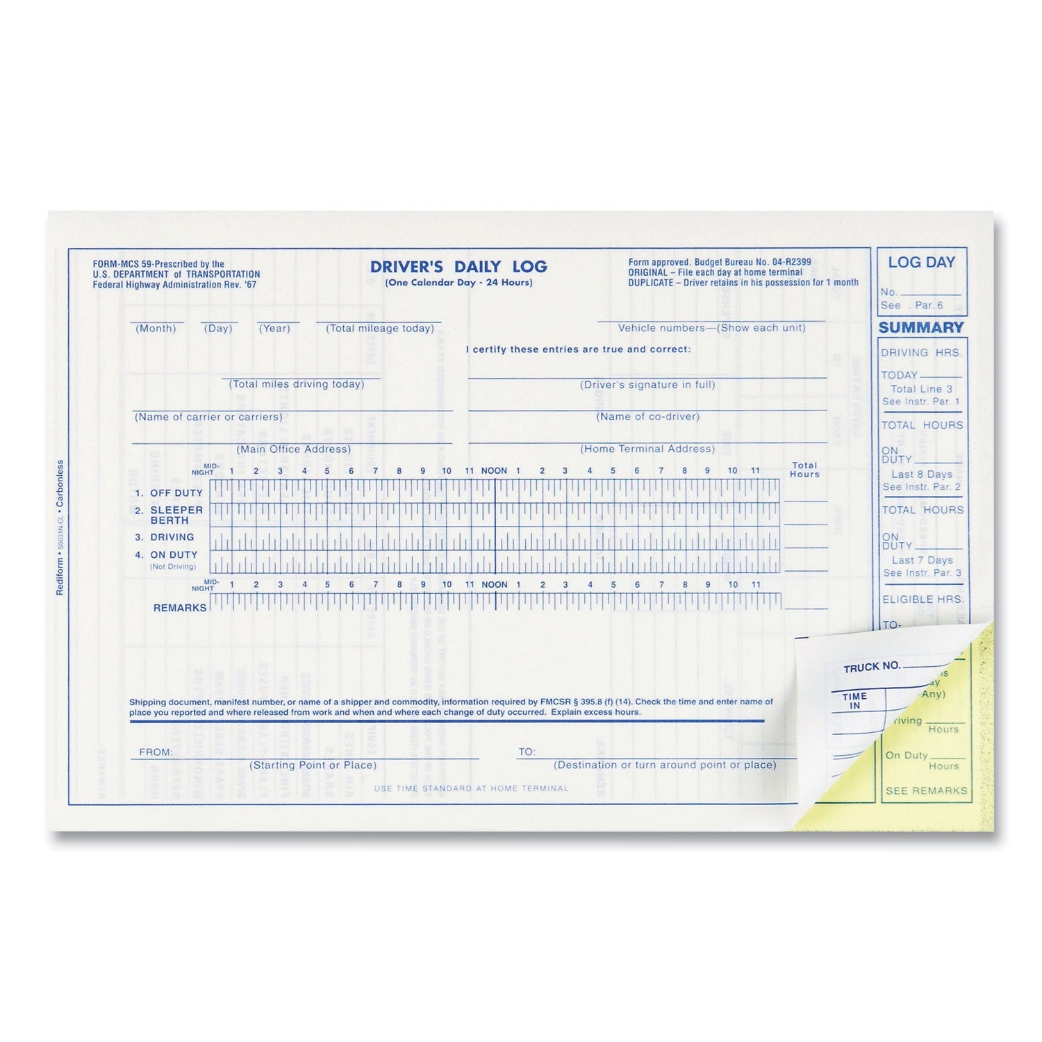 Rediform Driver's Daily Log, Two-Part Carbonless, 8.75 x 5.38, 1/Page, 31 Forms