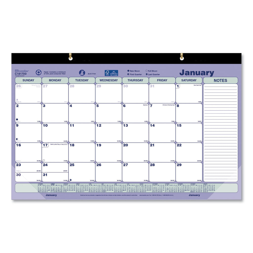 Brownline Monthly Desk Pad Calendar, 17.75 x 10.88, White/Blue/Green Sheets, Black Binding, Clear Corners, 12-Month (Jan to Dec): 2023