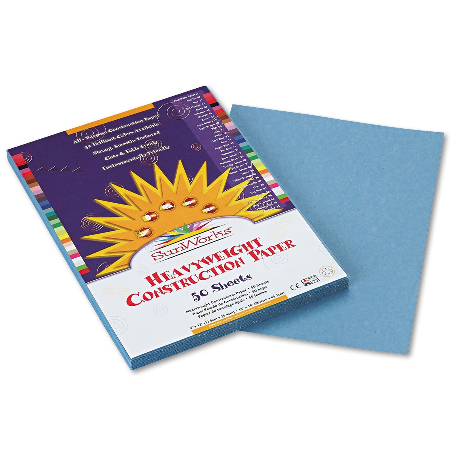 Prang SunWorks Construction Paper, 50 lb Text Weight, 9 x 12, Sky Blue, 50/Pack