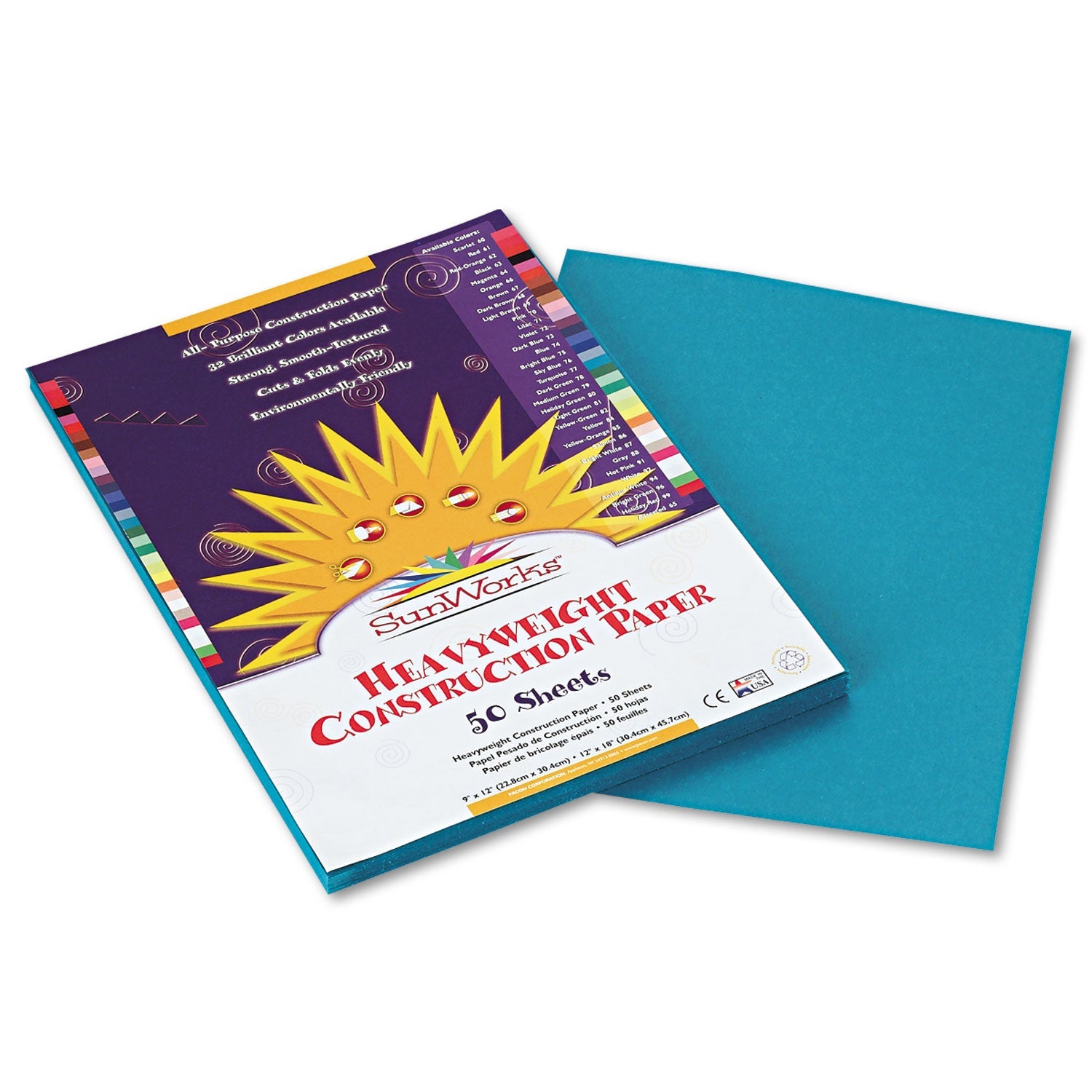 Prang SunWorks Construction Paper, 50 lb Text Weight, 9 x 12, Turquoise, 50/Pack