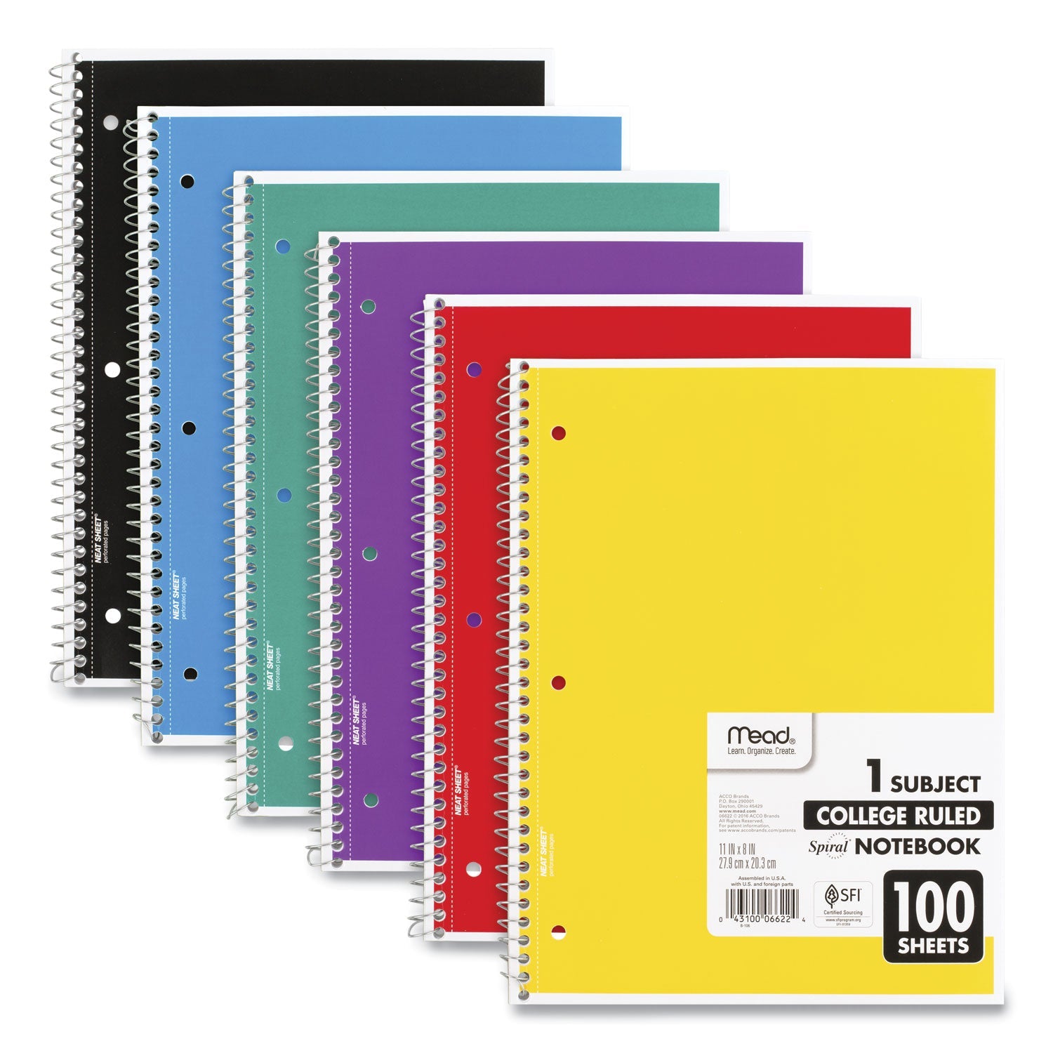 Mead Spiral Notebook, 3-Hole Punched, 1 Subject, Medium/College Rule, Randomly Assorted Covers, 11 x 8, 100 Sheets