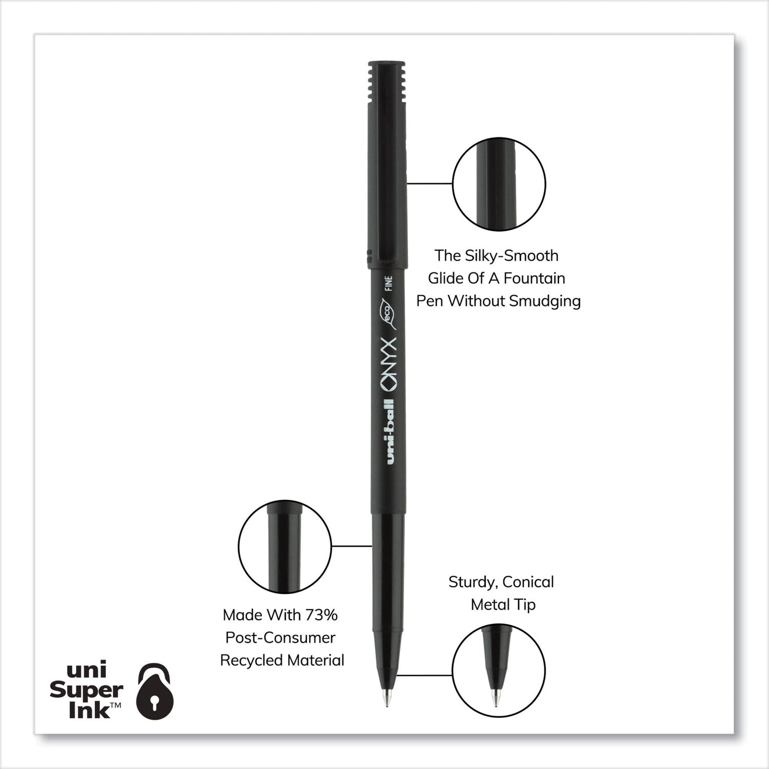 uniball ONYX Roller Ball Pen, Stick, Fine 0.7 mm, Black Ink, Black Matte Barrel, Dozen