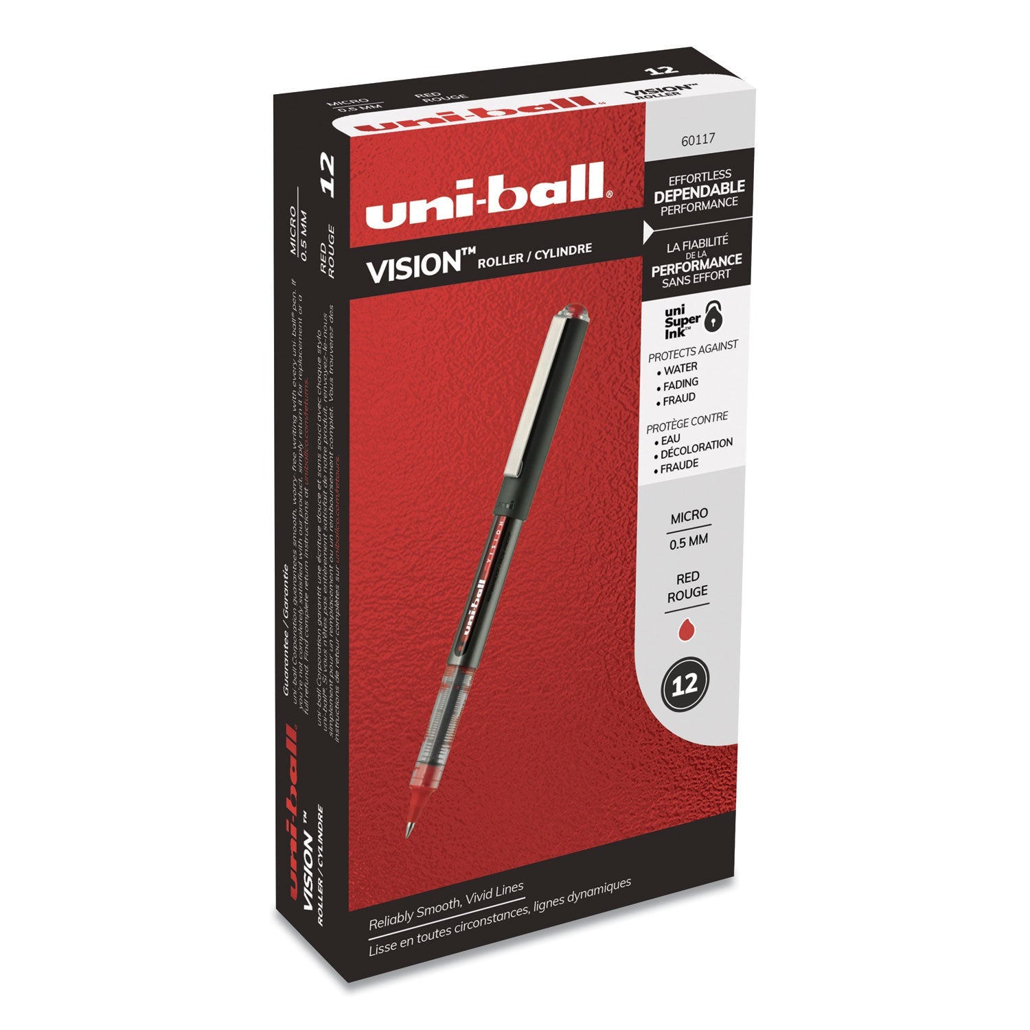uniball VISION Roller Ball Pen, Stick, Micro 0.5 mm, Red Ink, Gray/Red Barrel, Dozen