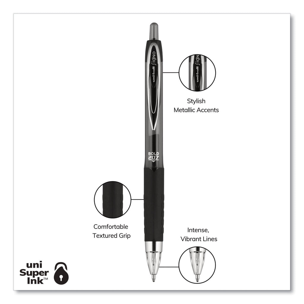 uniball Signo 207 Gel Pen, Retractable, Bold 1 mm, Black Ink, Translucent Black Barrel, Dozen