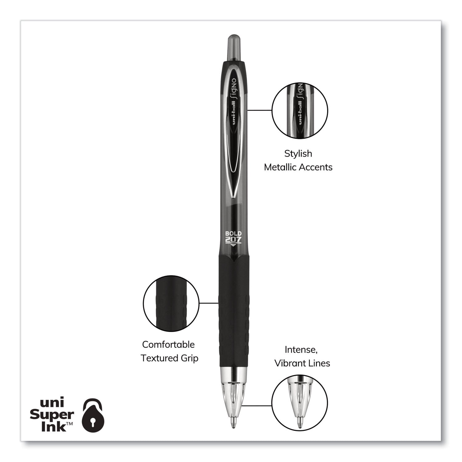 uniball Signo 207 Gel Pen, Retractable, Bold 1 mm, Black Ink, Translucent Black Barrel, Dozen