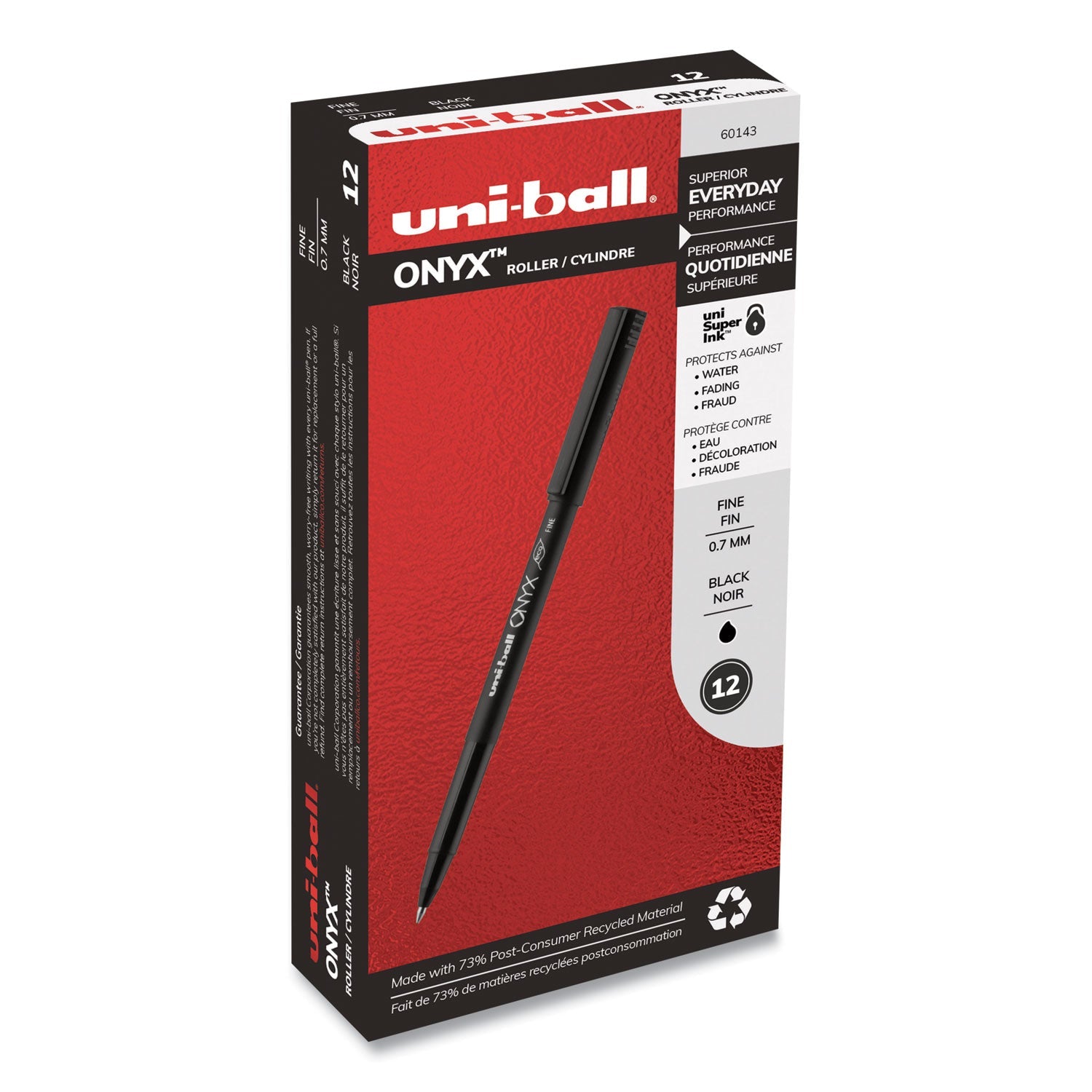 uniball ONYX Roller Ball Pen, Stick, Fine 0.7 mm, Black Ink, Black Matte Barrel, Dozen
