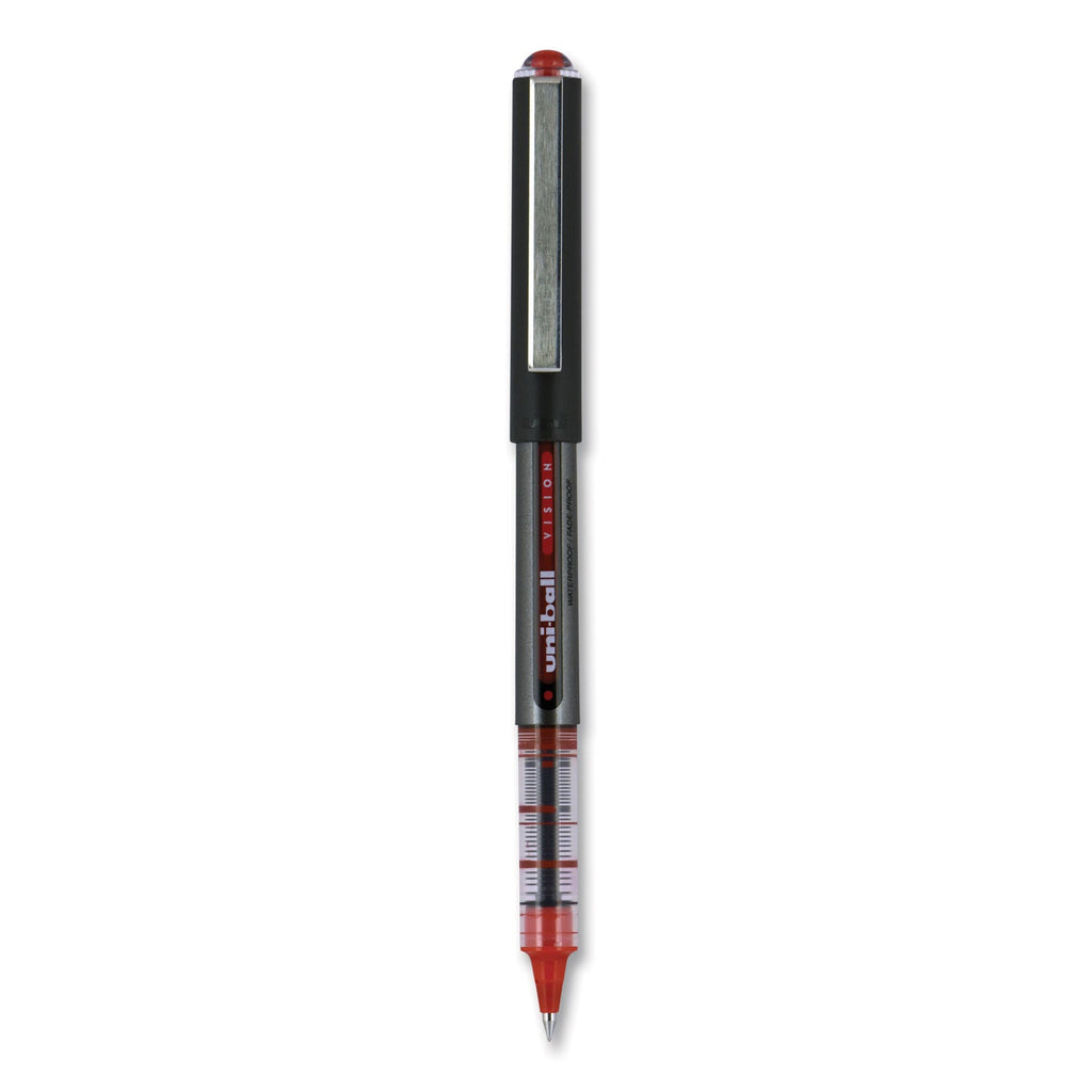 uniball VISION Roller Ball Pen, Stick, Micro 0.5 mm, Red Ink, Gray/Red Barrel, Dozen
