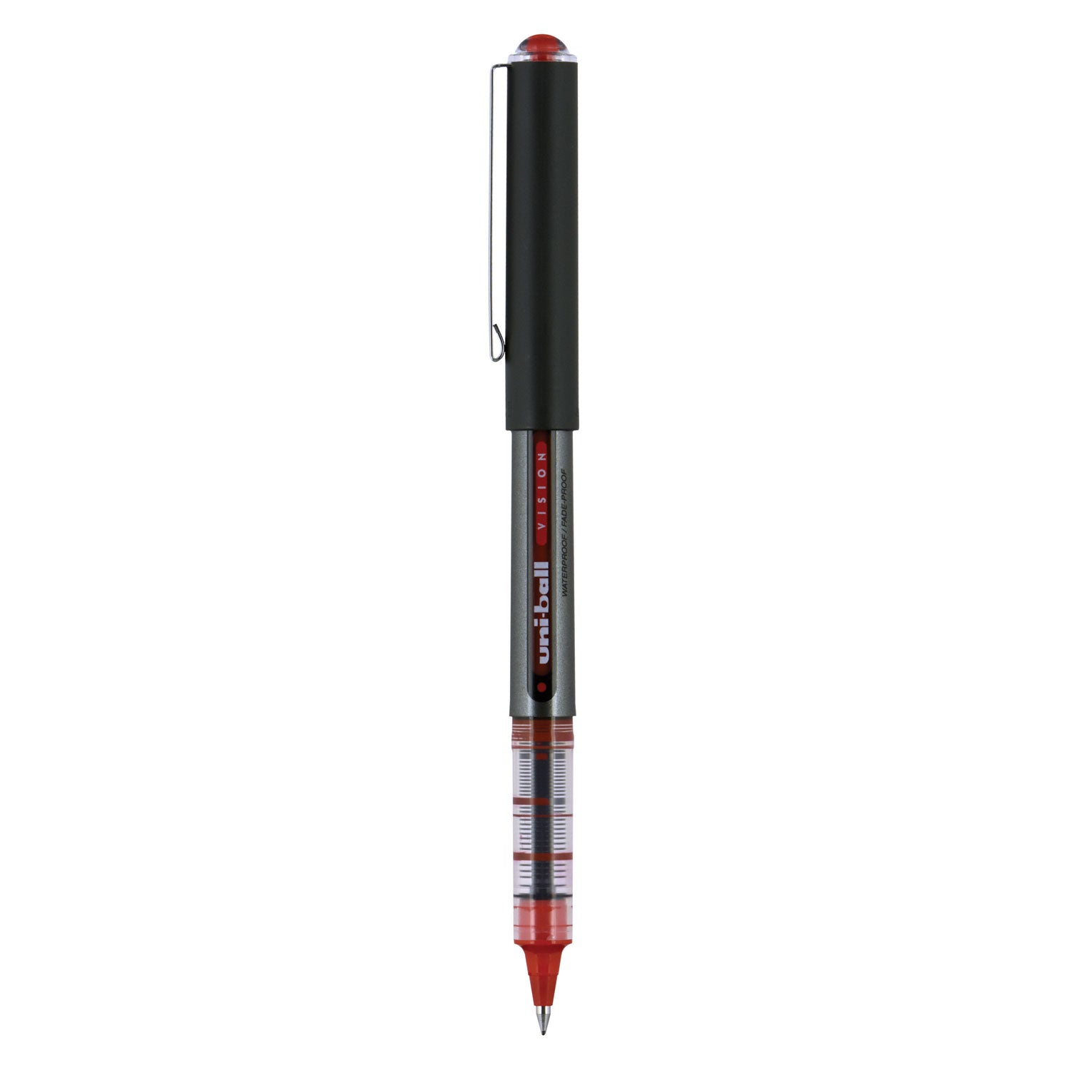 uniball VISION Roller Ball Pen, Stick, Micro 0.5 mm, Red Ink, Gray/Red Barrel, Dozen