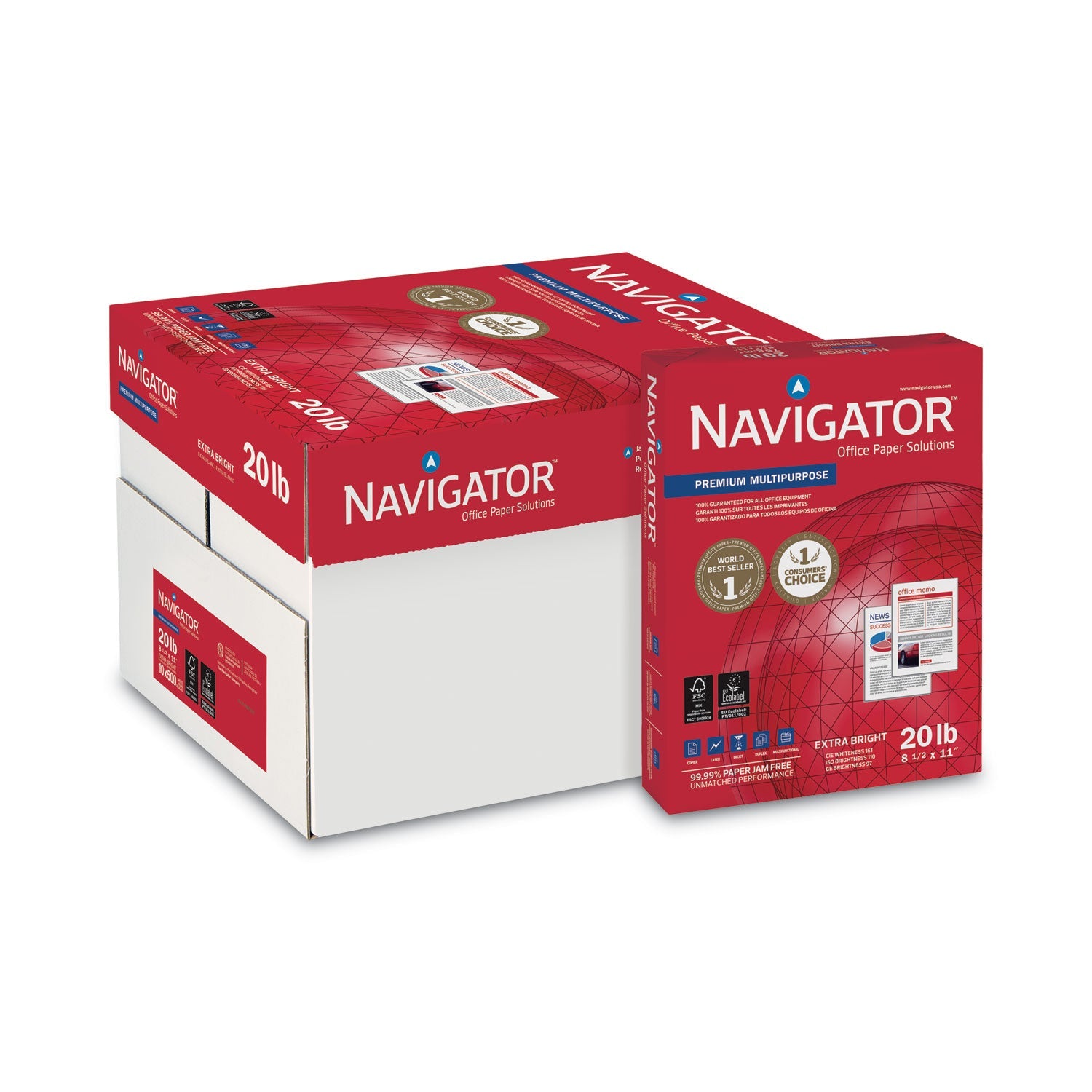Navigator Premium Multipurpose Copy Paper, 97 Bright, 20lb Bond Weight, 8.5 x 11, White, 500/Ream, 10 Reams/Carton, 40 Cartons/Pallet