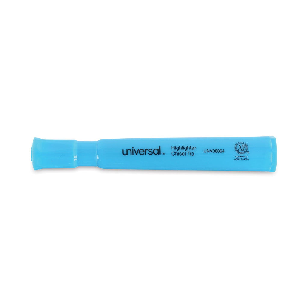 Universal Desk Highlighters, Fluorescent Blue Ink, Chisel Tip, Blue Barrel, Dozen