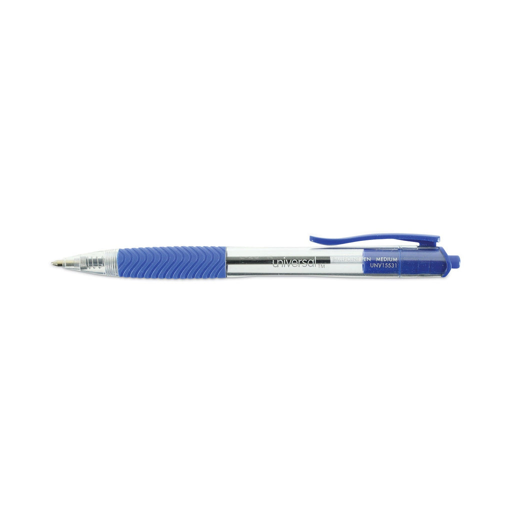 Universal Comfort Grip Ballpoint Pen, Retractable, Medium 1 mm, Blue Ink, Clear Barrel, Dozen