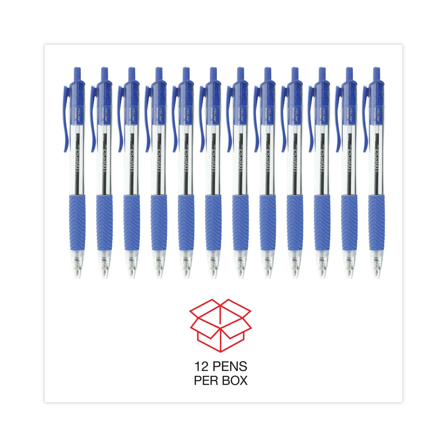 Universal Comfort Grip Ballpoint Pen, Retractable, Medium 1 mm, Blue Ink, Clear Barrel, Dozen