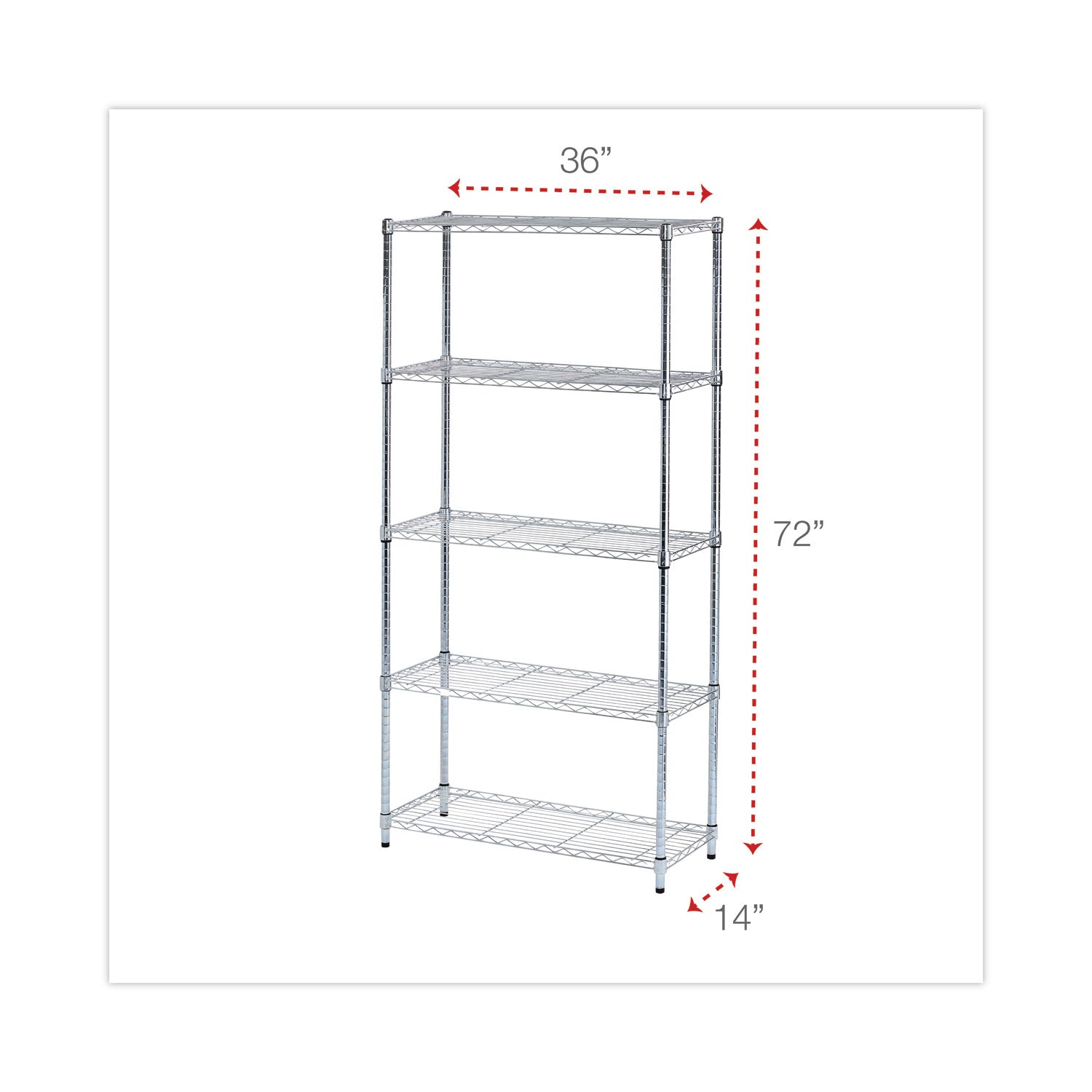 Alera Residential Wire Shelving, Five-Shelf, 36w x 14d x 72h, Silver