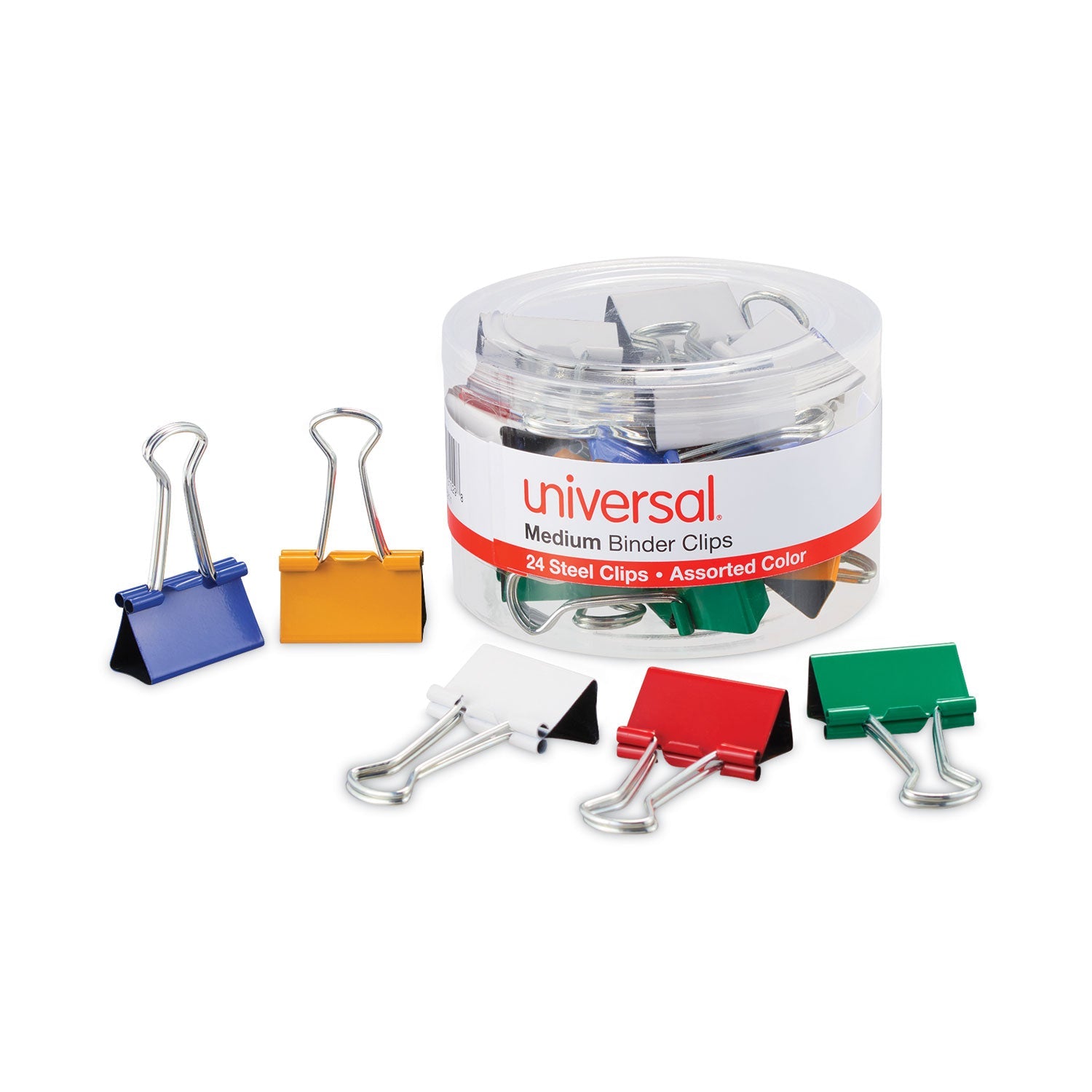 Universal Binder Clips with Storage Tub, Medium, Assorted Colors, 24/Pack