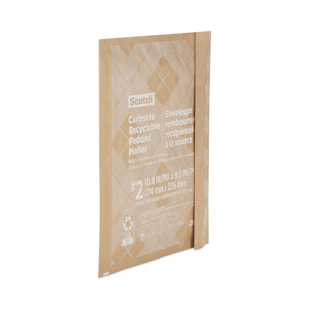 Scotch Curbside Recyclable Padded Mailer, #2, Bubble Cushion, Self-Adhesive Closure, 11.25 x 12, Natural Kraft, 100/Carton