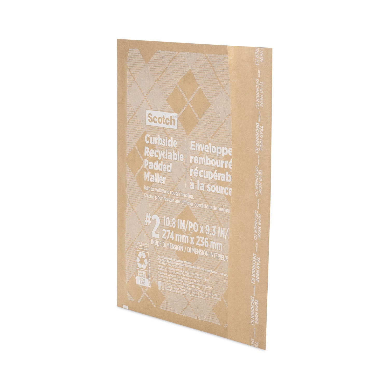 Scotch Curbside Recyclable Padded Mailer, #2, Bubble Cushion, Self-Adhesive Closure, 11.25 x 12, Natural Kraft, 100/Carton