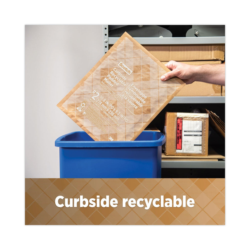 Scotch Curbside Recyclable Padded Mailer, #2, Bubble Cushion, Self-Adhesive Closure, 11.25 x 12, Natural Kraft, 100/Carton