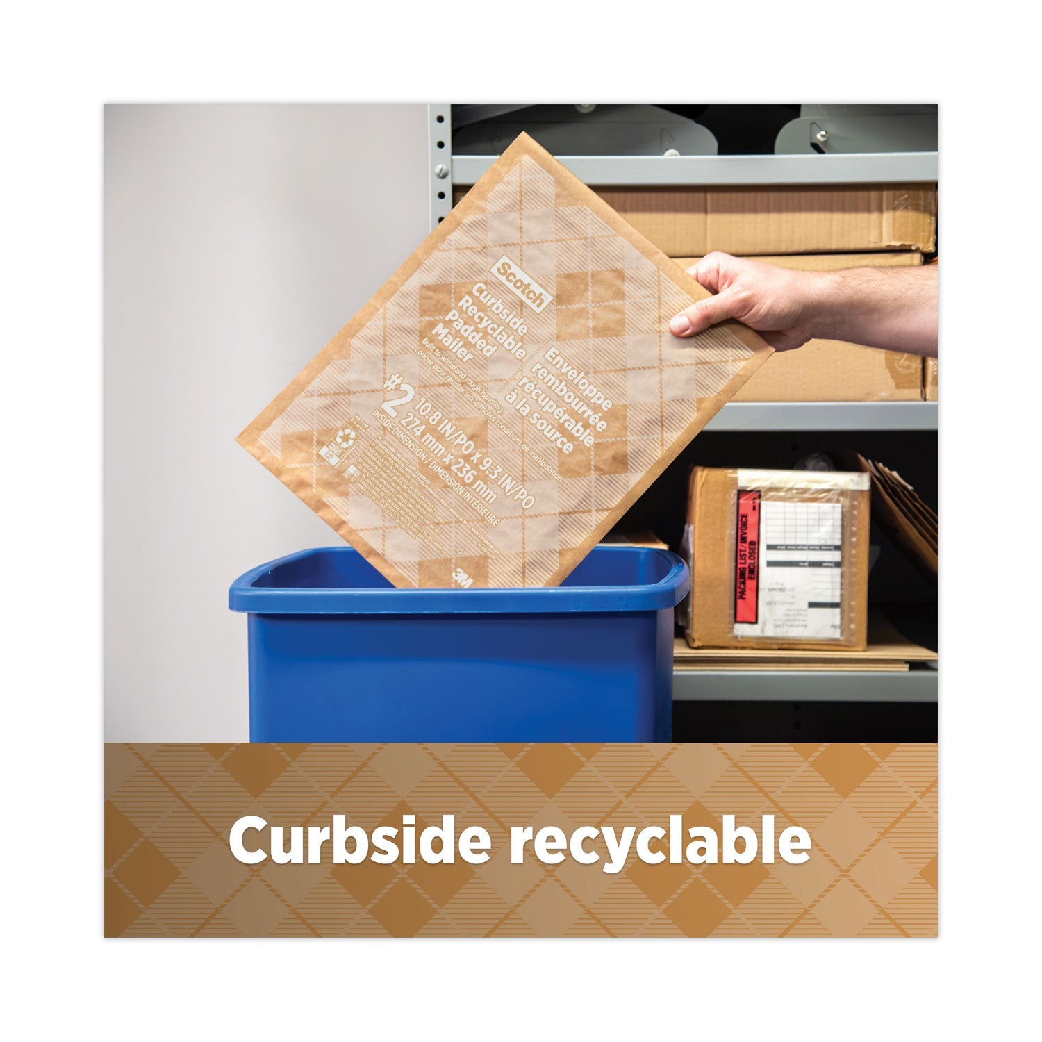 Scotch Curbside Recyclable Padded Mailer, #2, Bubble Cushion, Self-Adhesive Closure, 11.25 x 12, Natural Kraft, 100/Carton