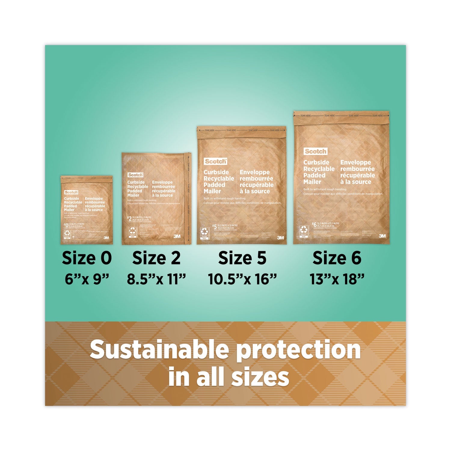 Scotch Curbside Recyclable Padded Mailer, #2, Bubble Cushion, Self-Adhesive Closure, 11.25 x 12, Natural Kraft, 100/Carton
