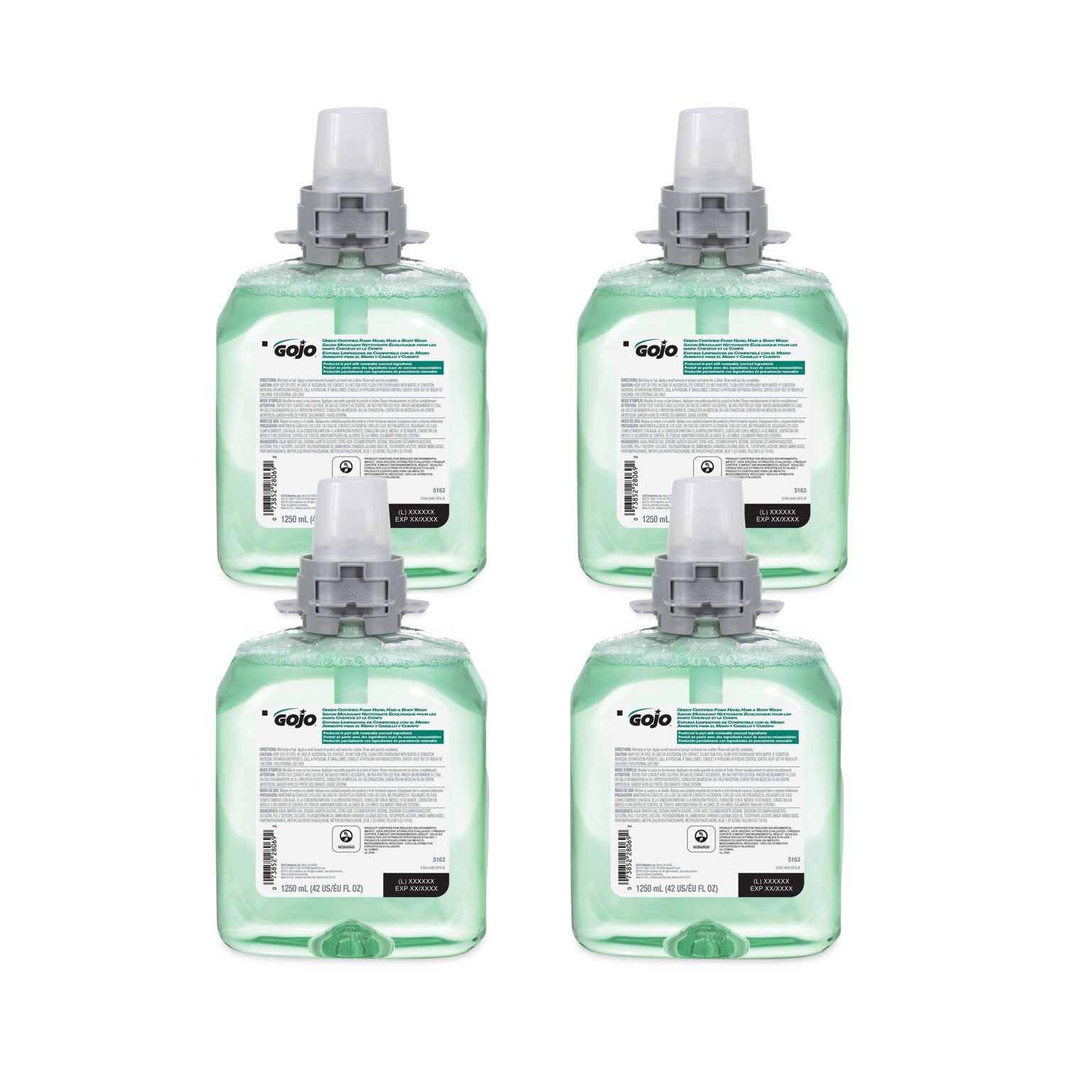 GOJO Green Certified Foam Hair and Body Wash, Cucumber Melon, 1,250 mL Refill, 4/Carton