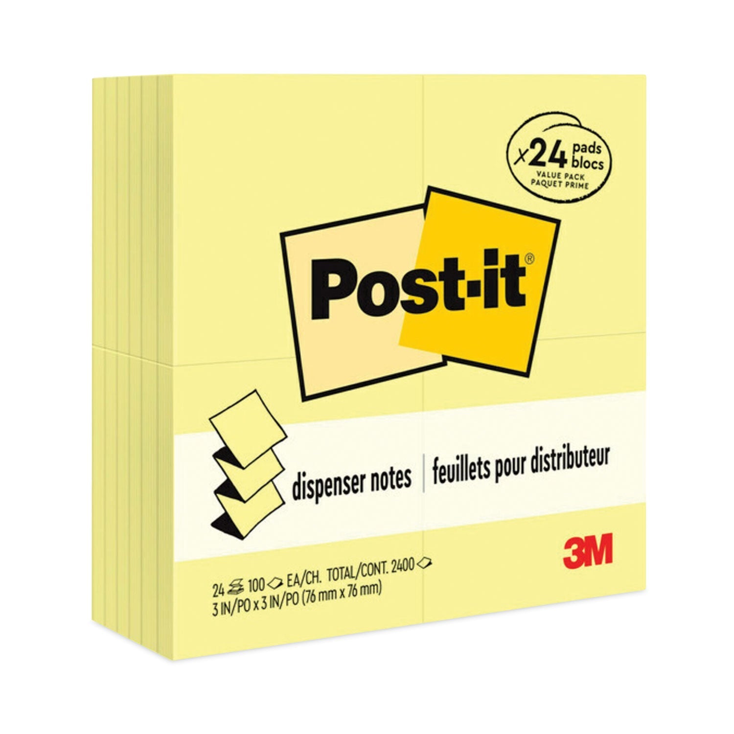 Post-it Original Canary Yellow Pop-up Refill Value Pack, 3" x 3", Canary Yellow, 100 Sheets/Pad, 24 Pads/Pack