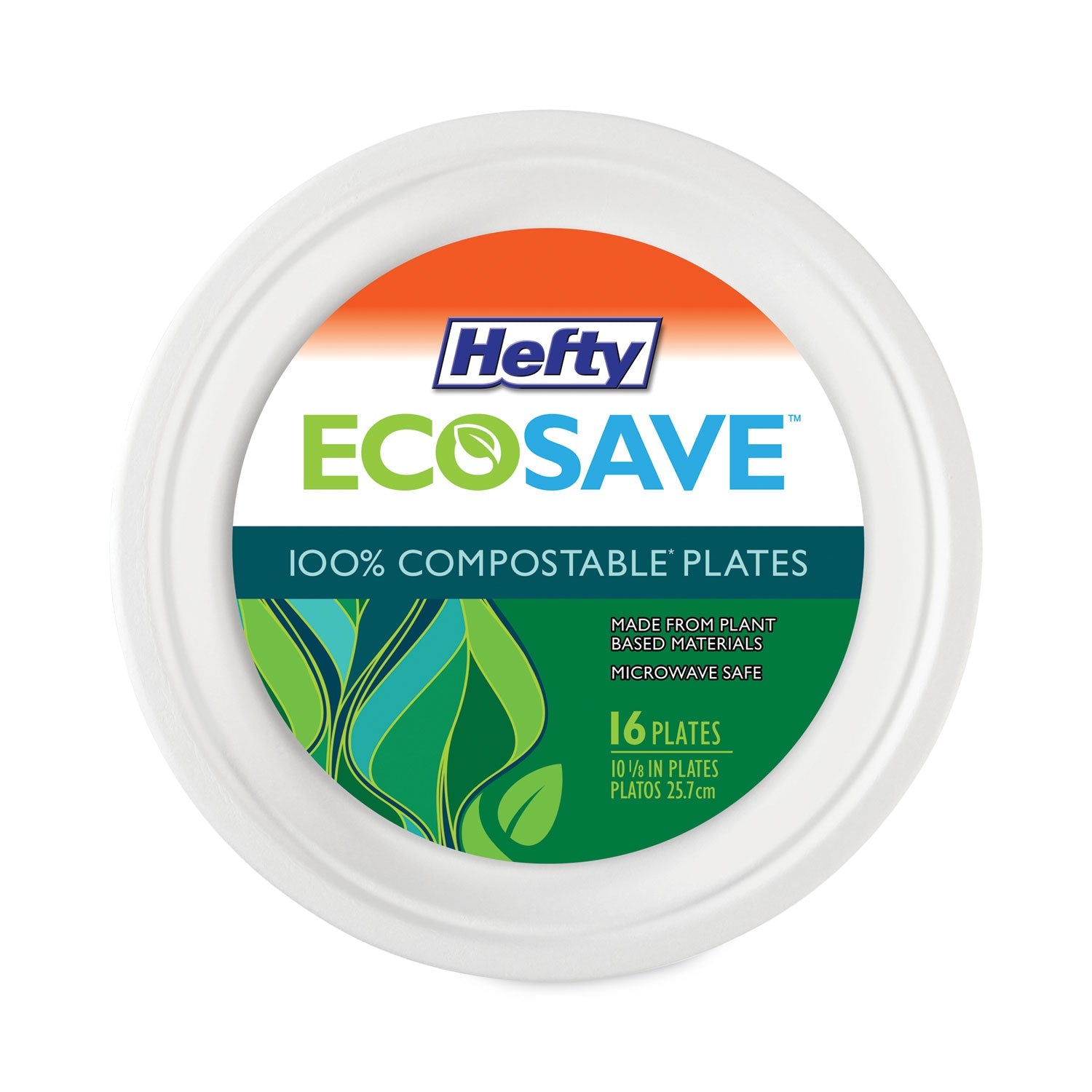 Hefty ECOSAVE Tableware, Plate, Bagasse, 6.75" dia, White, 30/Pack, 12 Packs/Carton
