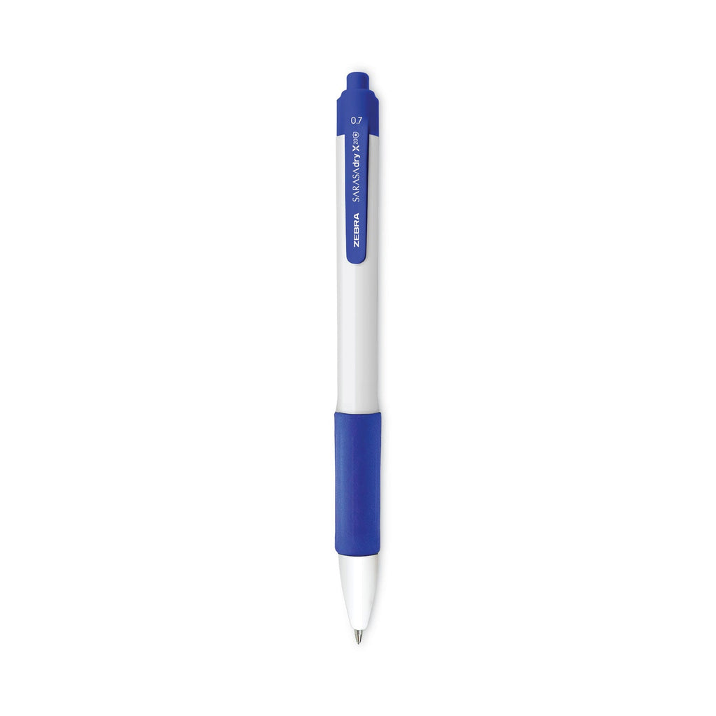 Zebra Sarasa Dry X20+ Gel Pen, Retractable, Fine 0.7 mm, Blue Ink, White Barrel, Dozen