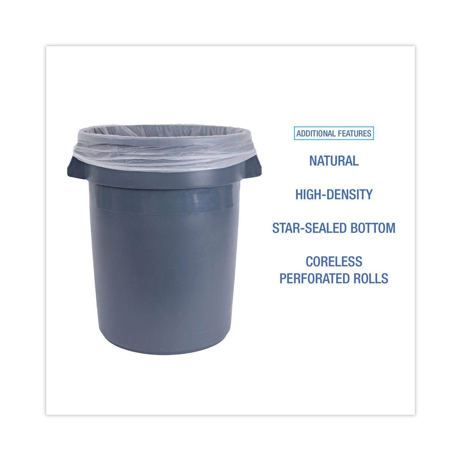 Boardwalk High Density Industrial Can Liners Coreless Rolls, 30 gal, 16 microns, 30 x 37, Natural, 20 Rolls 25 Bags