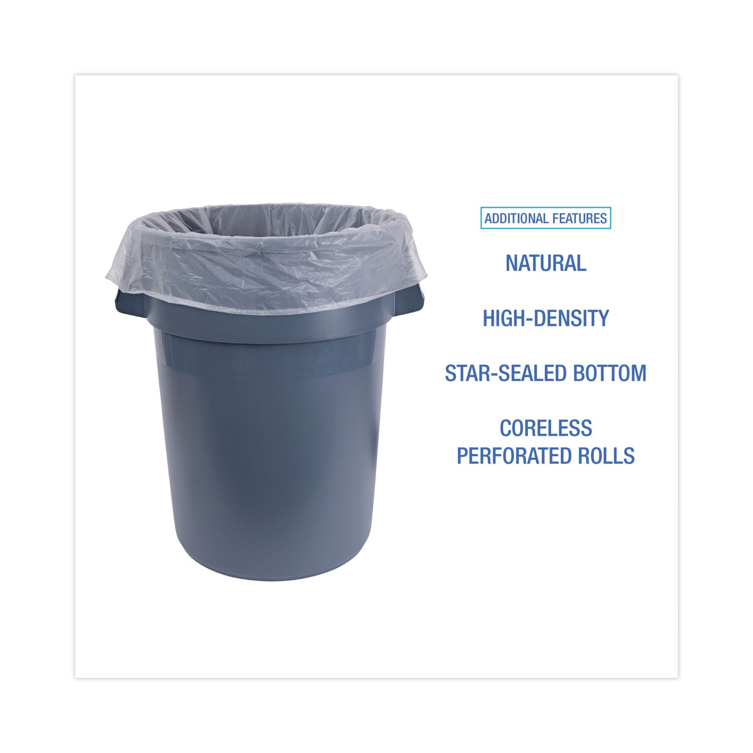 Boardwalk High Density Industrial Can Liners Coreless Rolls, 45 gal, 16 microns, 40 x 48, Natural, 10 Rolls of 25 Bags