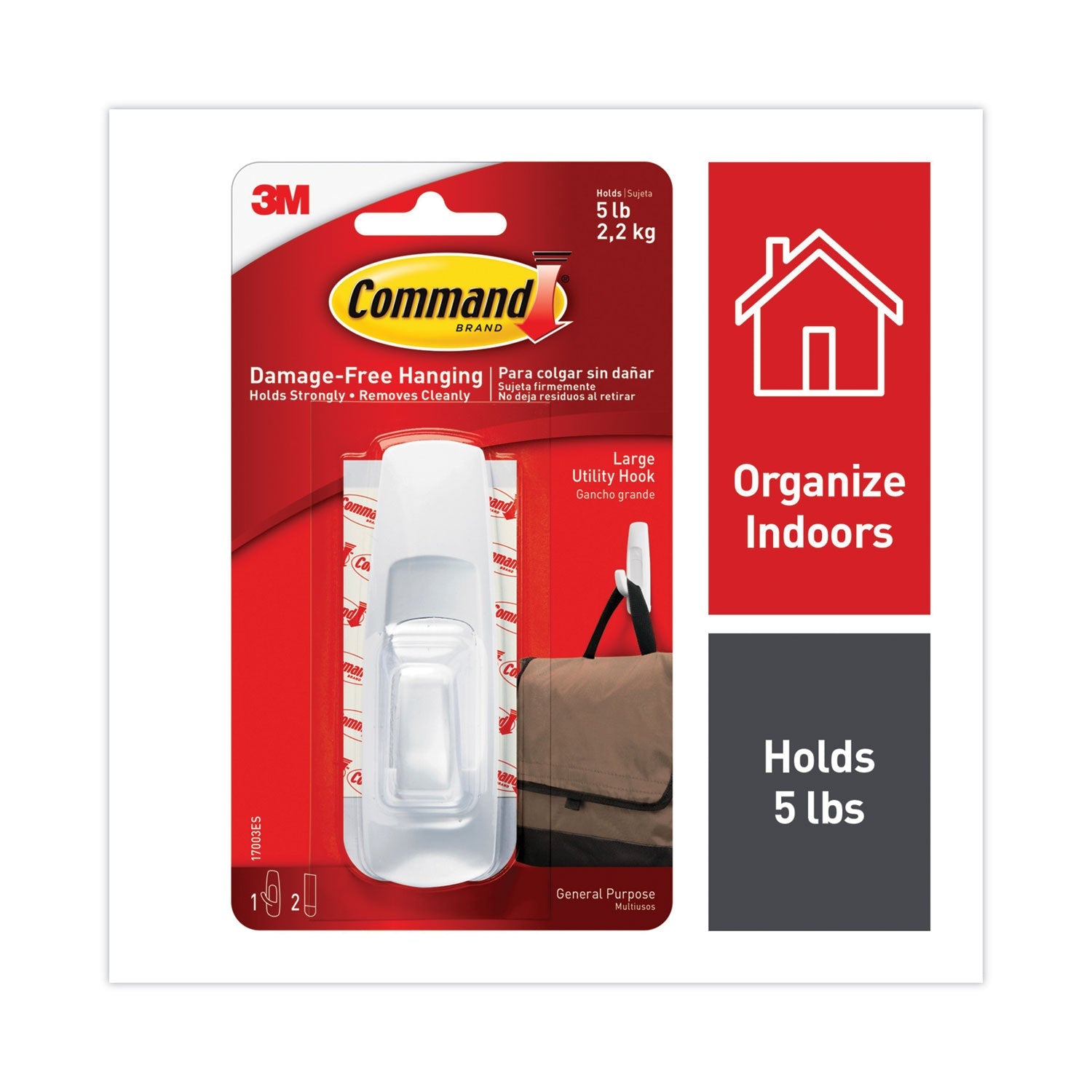 Command General Purpose Hooks, Large, 5 lb Cap, White, 1 Hook and 2 Strips/Pack